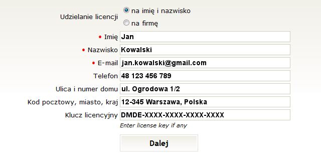 Rejestracja DMDE na osobę prywatną (Imię i Nazwisko)