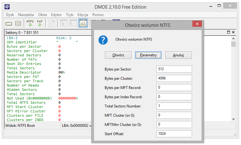 Screen pokazuje okno parametrów przy otwieraniu woluminu NTFS