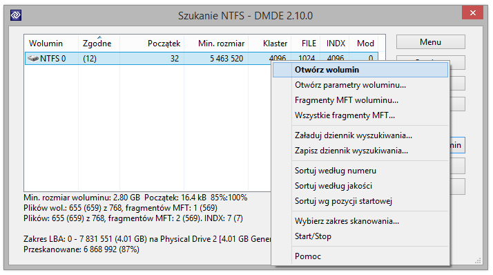 Zobacz na zdjęciu wyszukiwanie NTFS w toku